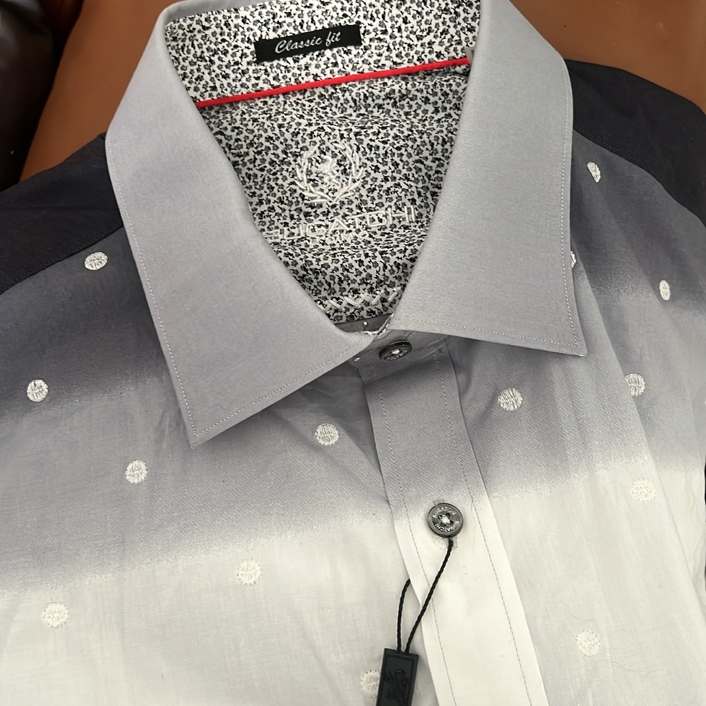 (Reserved )BUGATCHI UOMO CLASSIC FIT GREY/WHITE/BLACK OMBRE LUXURY SHIRT NWT